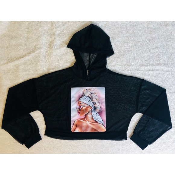 U.O. Tops - Embellished Graphic Mesh Crop Top Hoodie w/ 3D Raised Detailing.
